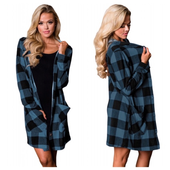 Sweaters - Checkered Button Up Hooded Cardigan